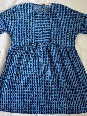 PINCH Blue Wavy Scallop Print Babydoll Mini Dress Cotton Short Sleeve Medium